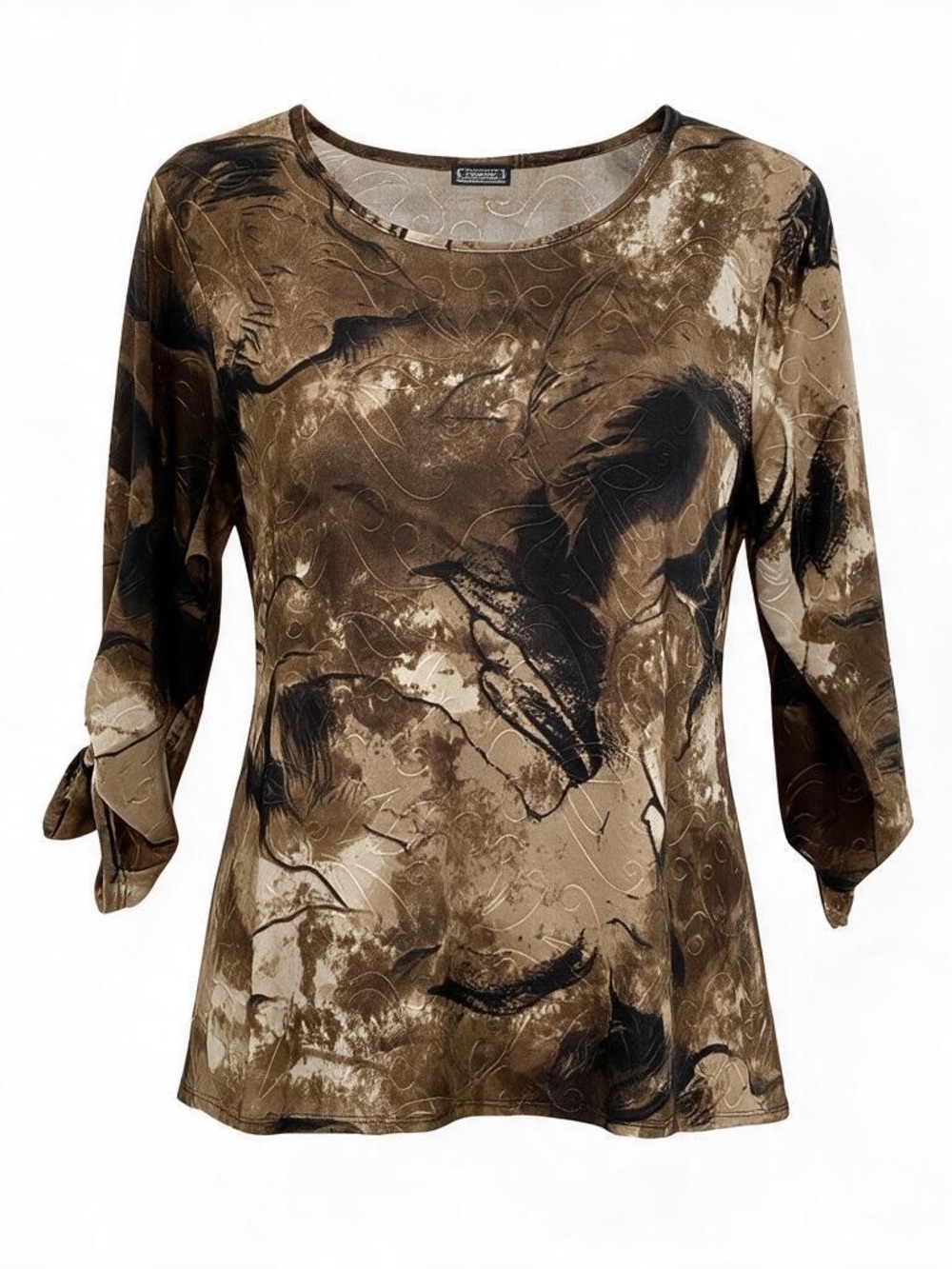 Clientele Blouse Smokey Tie-Dye 3/4-Sleeve Brown and Cream Women's Shirt L